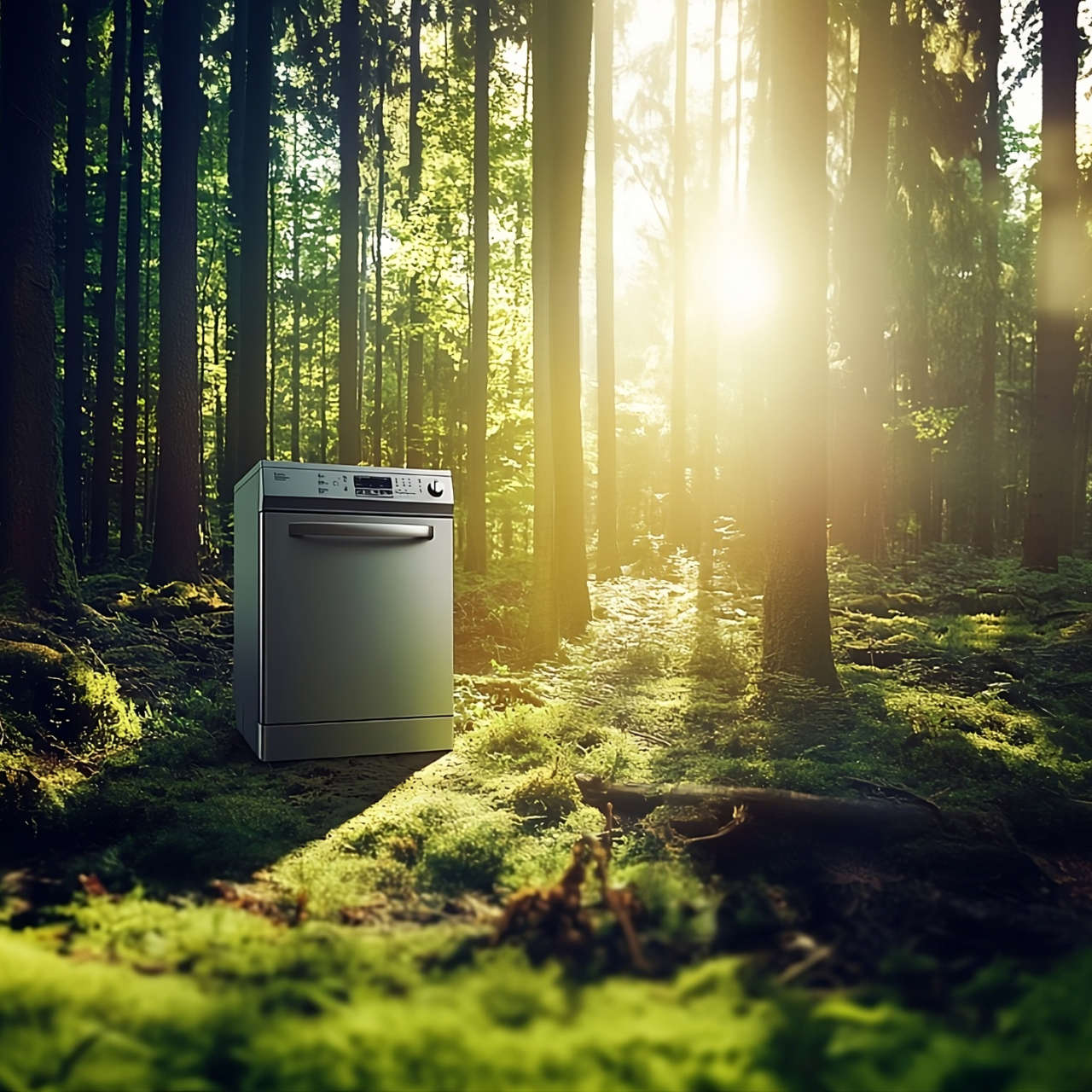 Washing machine in a lush forest