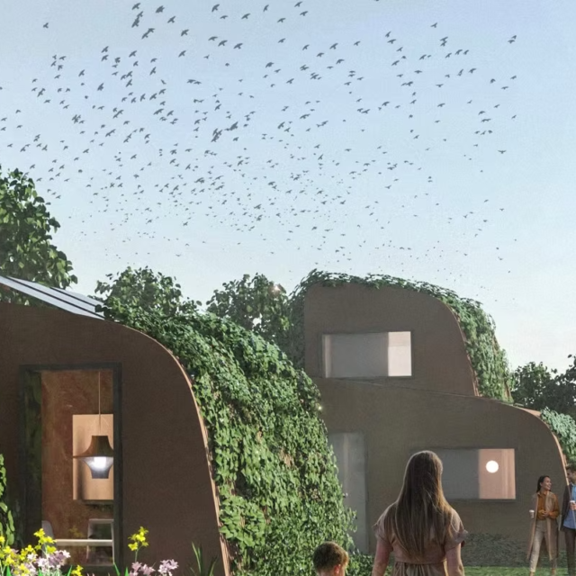 en arkitekt rendering af 3D printede bæredygtige studieboliger