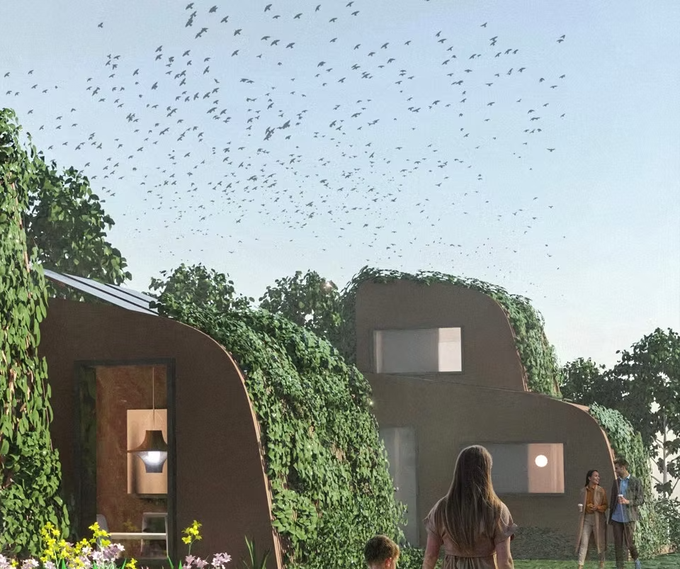 en arkitekt rendering af 3D printede bæredygtige studieboliger