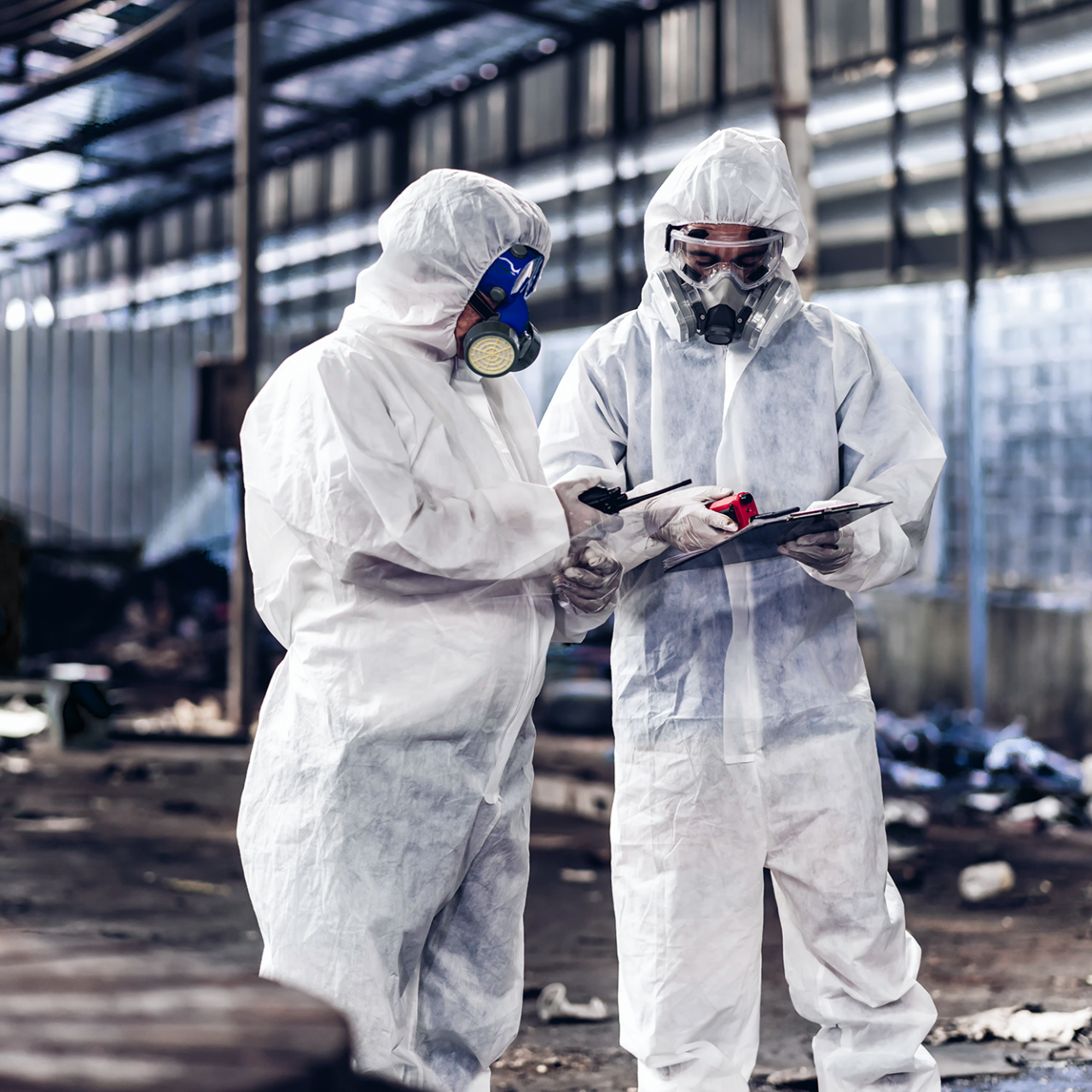 Arbejdere der tester for asbest på bygepladsen